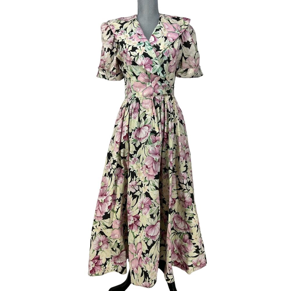 Vintage 80s Carol Anderson California Mauve Floral Cottagecore Midi Dress Size S
